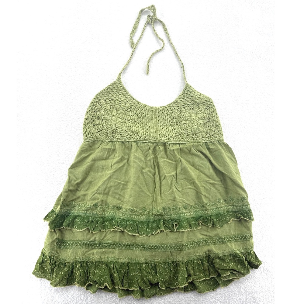 Bohemian Halter Top Womens OS Green Crochet Tiered Ruffle Boho Hippie NWT